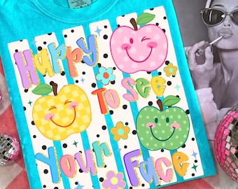 Happy To See Your Face PNG, Preppy Glitter Color Block PNG, Striped Teacher Student School, Back to School Sublimation, Teacher Appreciation