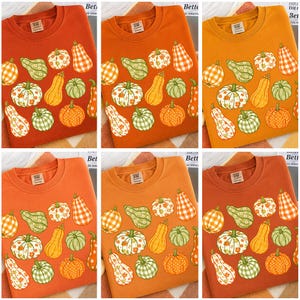 Peut inclure: Sweat-shirt orange à col rond orné d'un motif de citrouilles variées en orange, vert et blanc. Les citrouilles présentent différents motifs, notamment des pois, des motifs floraux et du vichy. Le sweat-shirt a une étiquette sur le col.