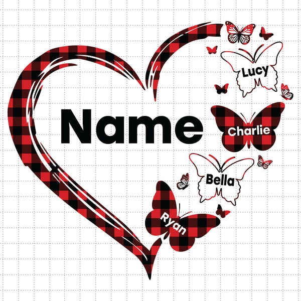Personalizable Name Red Plaid Heart Butterflies Svg, Grandma Svg, Nana, Mimi, Gigi, Mother's Day Svg,  Motherhood Svg, Mom Day Svg