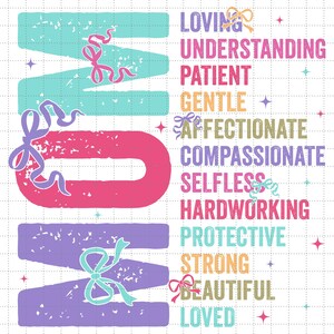 Moeder liefdevol begrip patiënt zacht png, moeder coquette boog png, preppy mama png, retro moeder afdrukbestand, Moederdagcadeau, sterke moeder