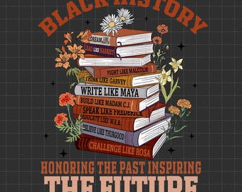 May include: A stack of books with inspirational quotes about Black history figures, such as "Dream Like Martin", "Lead Like Harriet", and "Fight Like Malcolm". The books are surrounded by flowers and the text "Black History" and "Honoring the Past Inspiring the Future" is displayed.