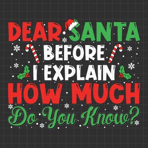 Könnte beinhalten: Festliches Grafikdesign mit dem Text "DEAR SANTA BEFORE I EXPLAIN HOW MUCH Do You Know?" in Rot, Grün und Weiß. Das Design zeigt Schneeflocken, Zuckerstangen und einen Weihnachtsmütze auf dunklem grauem Hintergrund.