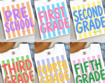 Watercolor Stripes Back To School Png Bundle, Personalized Name Teacher Png, Preppy Pre-k to 5th Grade Png, Teacher Shirt Design, Girly Png