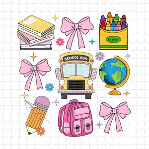 Desenho digital PNG de coquete de volta às aulas para baixar, ônibus escolar PNG, livros PNG, globo PNG, flores PNG, escola para meninas PNG, desenhos de lápis PNG