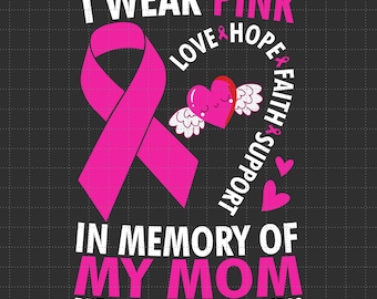 May include: A graphic design with the text "I Wear Pink" and "In Memory of My Mom" in white and pink. A pink ribbon and a heart with wings are also featured. The design is for Breast Cancer Awareness.