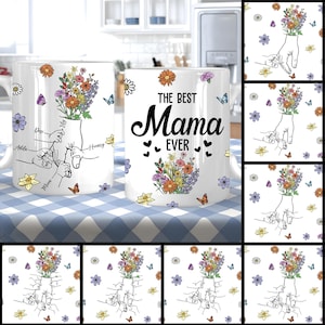 Personalisierte Kinder Name mit Mama Hand für Mug Wrap Png, Die beste Mama aller Zeiten, Blumen Mama Becher Png, Muttertag Kaffeetassen Png