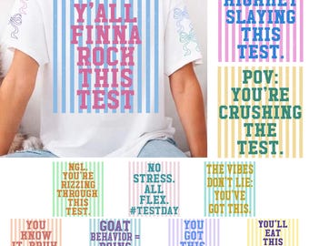 Bundle png pour la journée du test, Passer ce test sans stress png, Test d'état png, Citation de test png, professeur coquette avec noeud à rayures, chemise journée test png