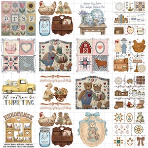 Vintage Grandmacore Png-bundel, Thrifted Farmhouse Png, Kip in Nest Png, Granma Shirt Png, Fork Art Goose Png, Cottagecore Sublimatie Png