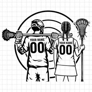 Dos jugadores de lacrosse personalizados (SVG), niña jugadora de lacrosse (SVG), niño jugador de lacrosse (SVG), silueta de equipo de lacrosse (SVG, DXF, EPS)