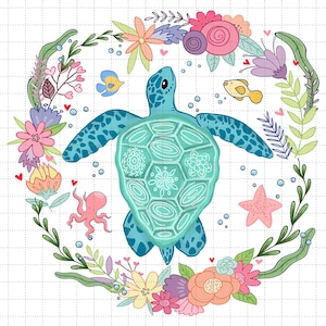 Tortuga marina PNG, diseños de sublimación náuticos, pescador estético PNG, playa PNG, archivo digital de tortuga, tortuga floral PNG, tortuga floral bohemia