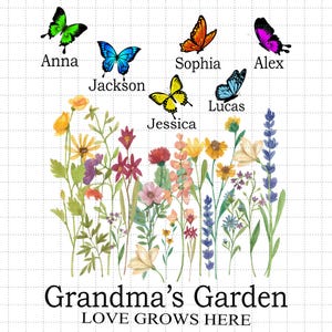 Gepersonaliseerde geboortemaand bloem, oma's tuin png, oma vlinder, Moederdag geboortemaand bloem png, cadeau voor moeder, oma zomer