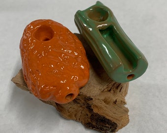 Perfect Match Duo Pipe Set! Includes TWO artistically handmade ceramic pipes: One FLAT chicken wing and one CELERY style. Preseason ready!!!