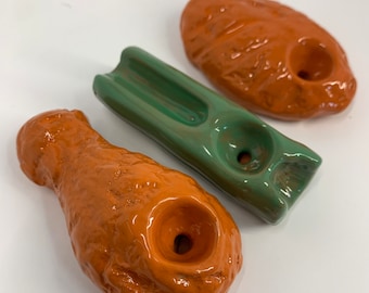 TRIPLE CLASSIC ORDER- 3 Artistically Handmade Ceramic Pipes- Includes 3 originals: 1 drum style wing, 1 flat style wing and 1 celery style!