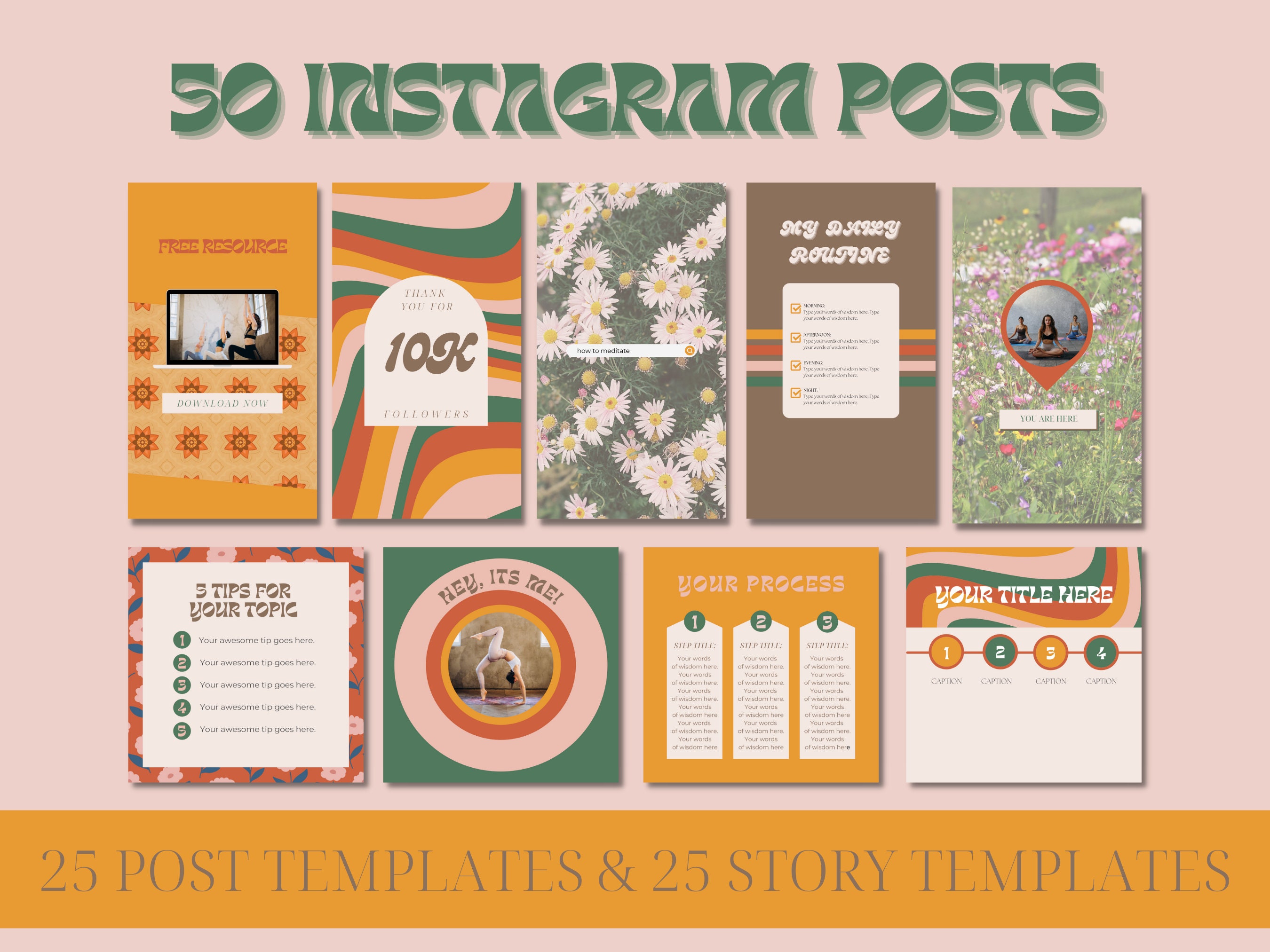 60 Canva Templates for Instagram / Retro Hippie Branding / Small ...