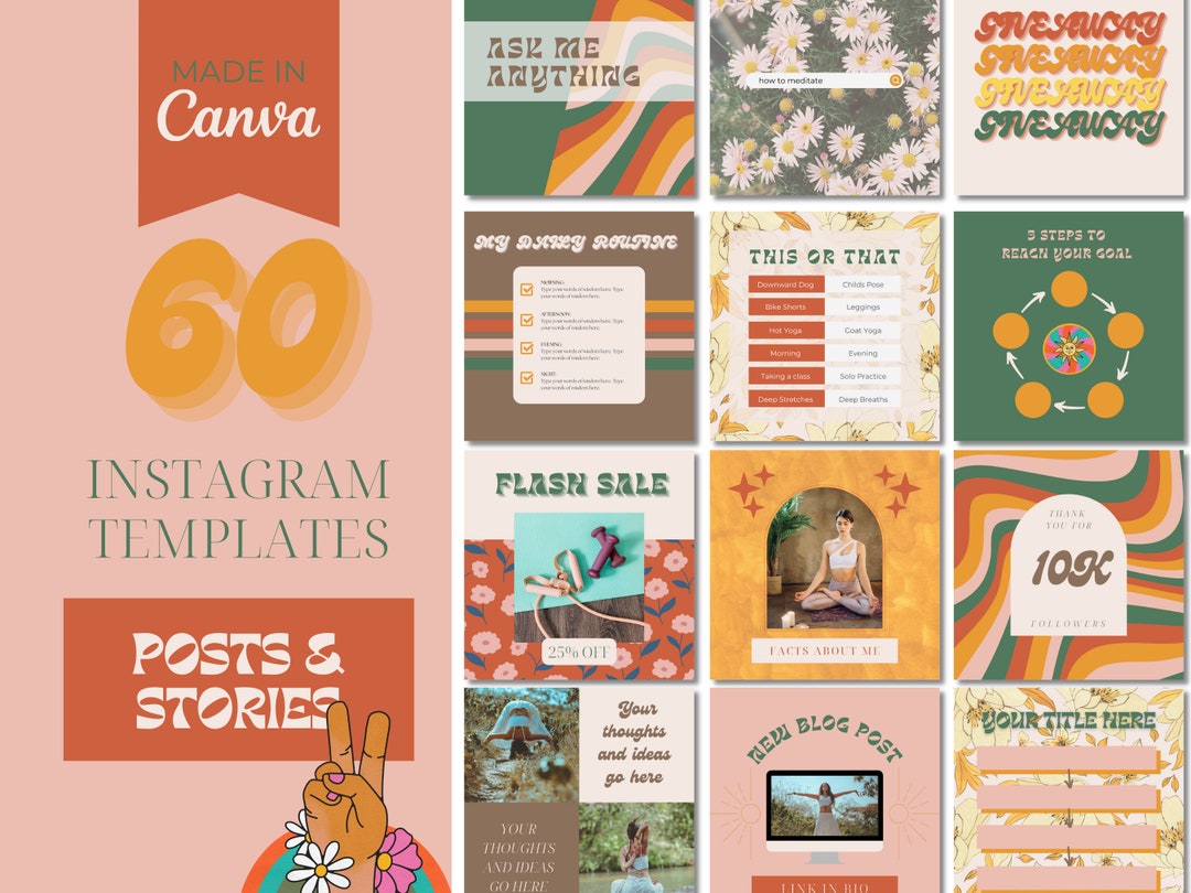 60 Canva Templates for Instagram / Retro Hippie Branding / Small ...