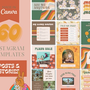 Puede incluir: Una colección de 60 plantillas de publicaciones e historias de Instagram en un estilo retro de los años 70 con rayas coloridas, flores y texto. Las plantillas incluyen diseños para sorteos, ventas flash, publicaciones de blog y más.