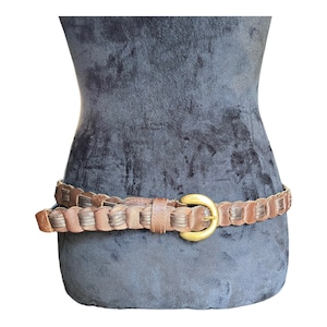 Vintage Woven Segment Belt Brown Leather Brass Buckle Adjustable Size Small