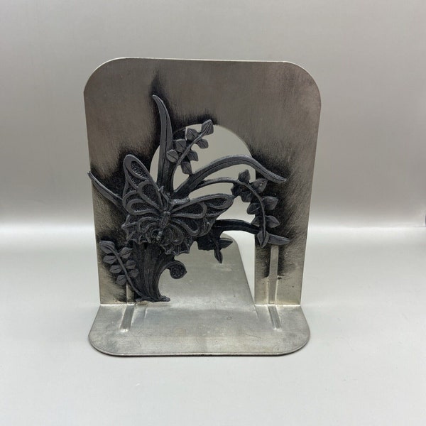 Vintage 1980 Metzke Pewter Butterfly & Flowers Single Bookend Boho Decor Signed