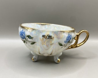 Vintage Lusterware Iridescent Porcelain Footed Teacup Blue / Gold Flowers
