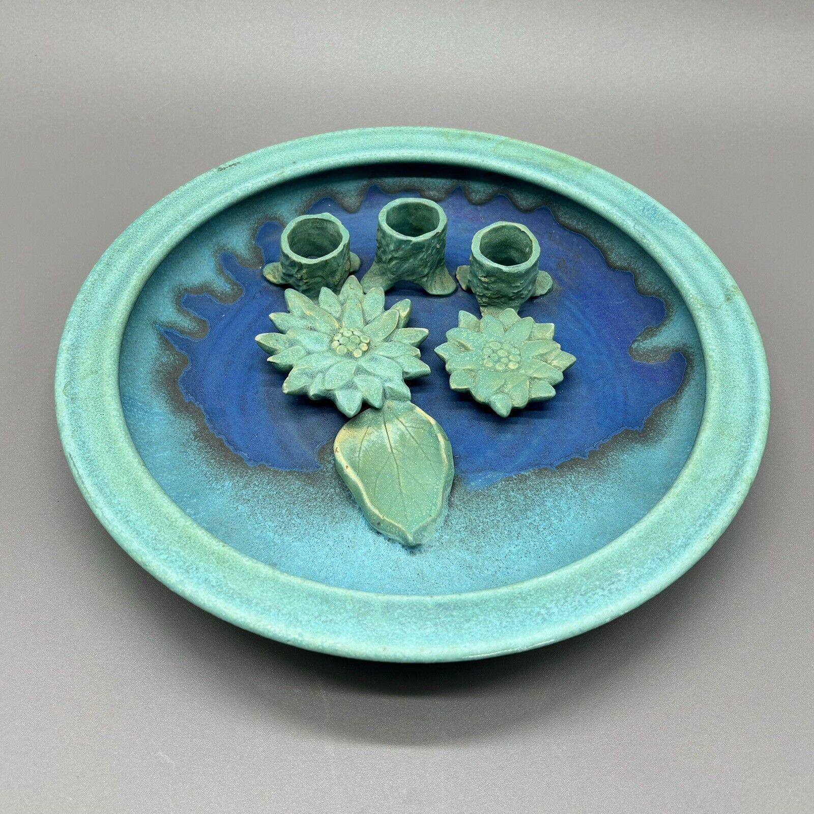 Studio Art Pottery Candle Holder Blue Green Flowers for 3 Tapered Candles Signed