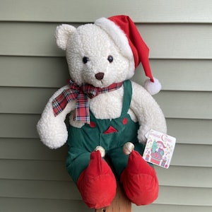 Vintage International Silver Co. 1993 Weihnachtsbär Plüsch Weiß 21 in Nikolausmütze