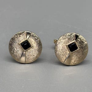 Vintage Foster Cufflinks Art Deco Round Brushed Gold Tone Black Glass Signed MCM