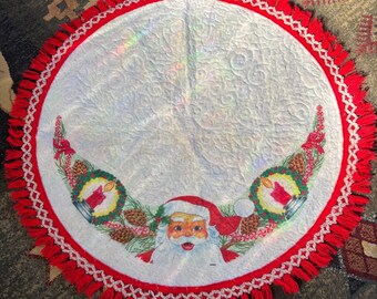 Gonna per albero di Natale in feltro vintage Rennoc, tovaglia con Babbo Natale in rilievo e frange, 40"
