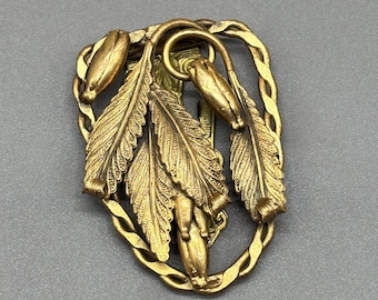 Antique Brass Art Nouveau Sash Pin Cattail Leaf Motif Belt Buckle Dress Clip