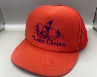 Vintage 80s Trucker Hat "Lake Chelan" Smith Western Co. Red Mesh Snapback Cap OS