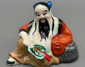 時代提物 彩色八仙人根付 天然素材 在銘【道教の神様 賢者】高5.1cm重36g 藍才河八仙の像（中国道教神話に登場する8人の仙人のうちの1人