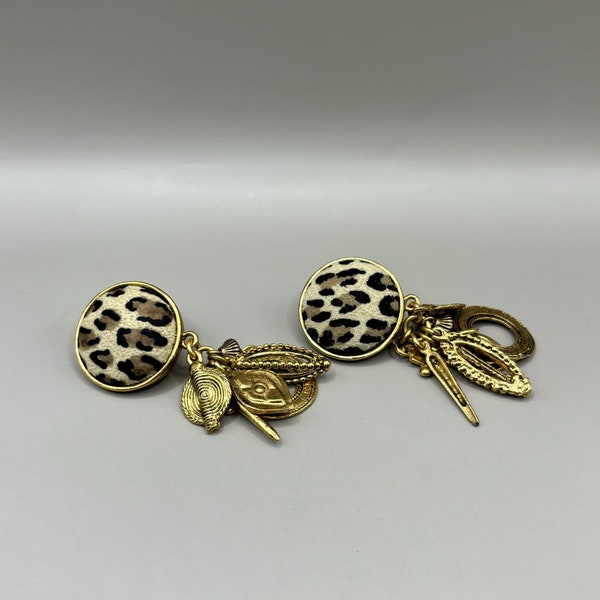 Vintage Gold Tone Leopard Print Clip-On Button Earrings w/ Chunky Dangle Charms
