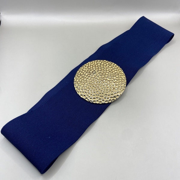 Vintage Macy's Wide Elastic Waist Belt 1991 Navy Blue / Gold Stippled Medallion