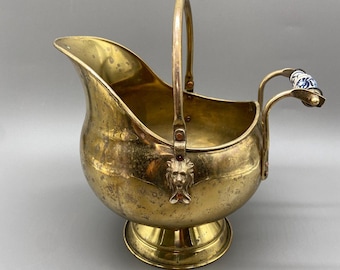 Vintage Brass Coal Scuttle Bucket Blue Delft Handle Lion Head Fireplace Decor