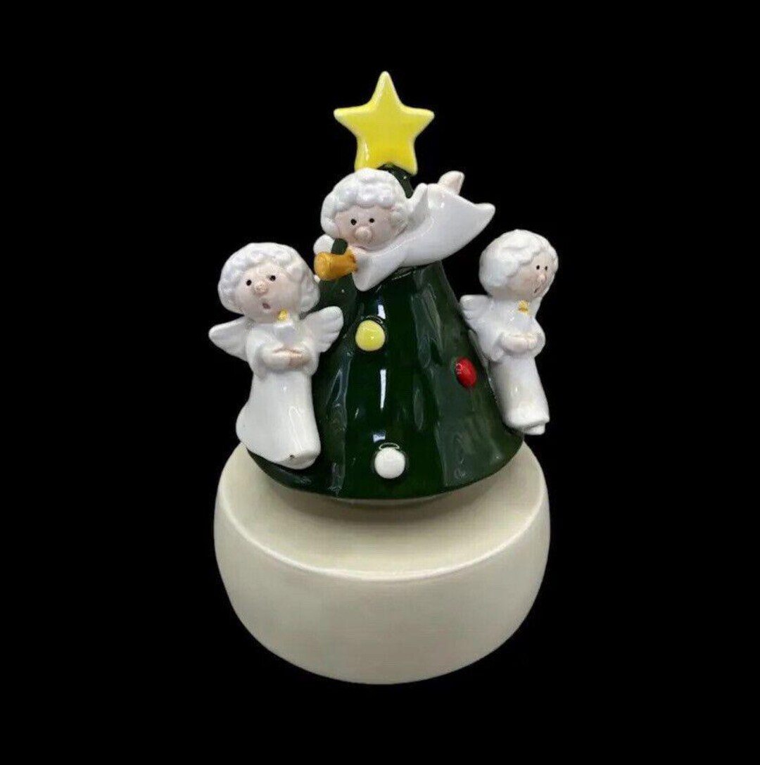 Otagiri Music Box Christmas Tree Angels Silent Night 1979 Hand Painted