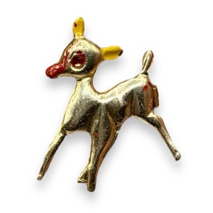 Broche de lapela vintage Rudolph, a rena do nariz vermelho, em tom dourado, de meados do século