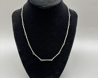 Vintage Engraved Floral Bar Link Necklace Art Deco Style Silver Tone Steel 18"