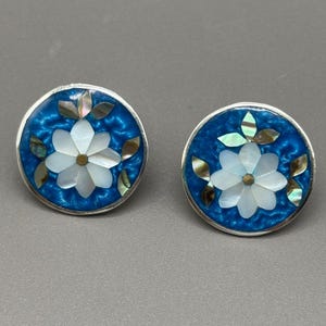 Vintage Alpaca Silver Mexico Clip On Earrings Blue Inlay Mother of Pearl Abalone