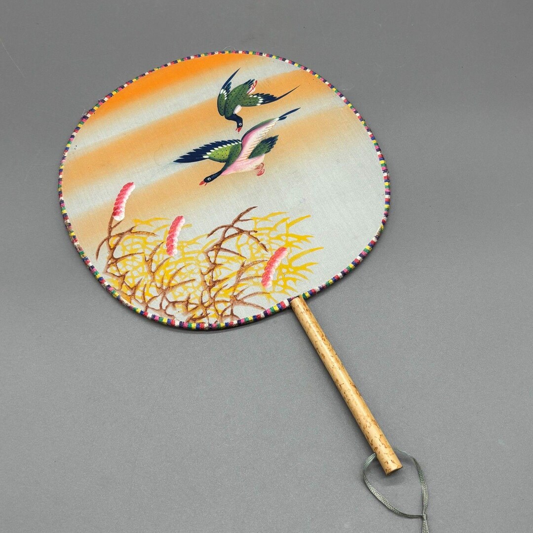 Fan Reed Vintage Chinese Silk Bamboo Round Hand Fan Mandarin Ducks Reeds Paddle ...
