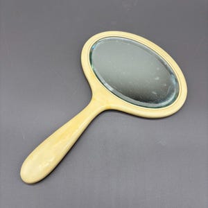 Antique French Ivory Celluloid Hand Mirror Beveled Glass Vanity Art Deco 1920s