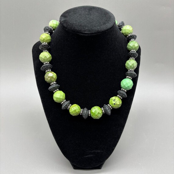Faceted Serpentine Stone Necklace Black Onyx Donut Hand Carved Black Beads