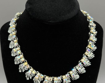 Vintage Rhinestone Fringe Necklace Coro AB Crystal Faux Pearl Bib Silver Tone