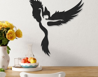 Decoración de pared de fénix de metal, arte colgante de pared de fénix con forma humana, silueta de fénix moderna, arte lineal para sala de estar y cocina, decoración del hogar