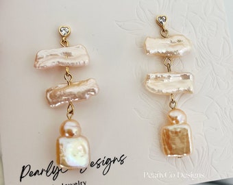 Natürliche Barock Perle Tropfen Ohrringe Orange Süßwasser Perle Ohrringe Hängeohrringe Hochzeit Ohrringe Braut Ohrringe Geschenk für sie