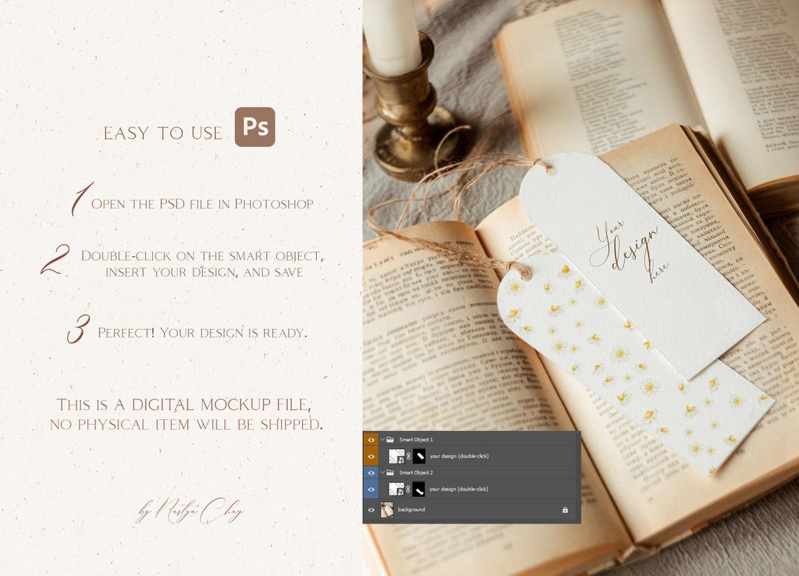 Vintage Bookmark Mockup: PSD Smart Object, Stationery Scene (digital ...