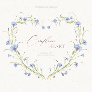 Romantisches Aquarell Herz Kranz Clipart Valentinstag Blumenrahmen für Einladungen und Karten Blaue Kornblume png Clipart Digital Designs
