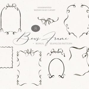 Könnte beinhalten: Handgemaltes Aquarell-Clipart mit acht schwarzen Schleifenrahmen und dekorativen Elementen. Der Text "Bows Frame" ist kursiv geschrieben, mit zusätzlichem Text, der ein nahtloses Bonusmuster angibt.