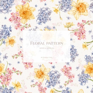 May include: A seamless floral pattern featuring watercolor illustrations of yellow daffodils, pink and white flowers, and blue hyacinths on a white background. The text "Floral Pattern 4000 x 4000 px by Nastya Chay" is in the center of the image.