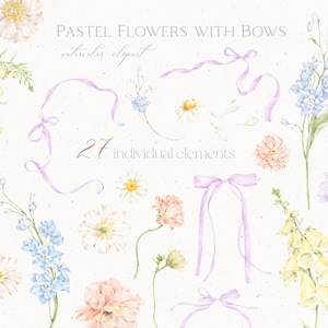 Puede incluir: Ilustración en acuarela de flores y lazos en tonos pastel. La imagen presenta varios elementos florales en colores suaves como rosa, amarillo y azul, junto con delicadas cintas moradas. El texto dice "PASTEL FLOWERS WITH BOWS" y "27 individual elements."