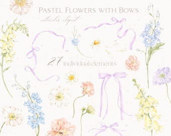 Pastel Floral Clipart Set: Watercolor Flowers & Bows (PNG, 600 DPI)