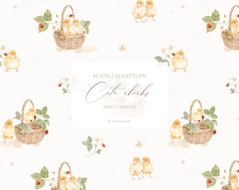 Watercolor Strawberry Chick Seamless Pattern: Summer Nursery Digital Paper (600 DPI PNG/JPEG Downloadable Files)